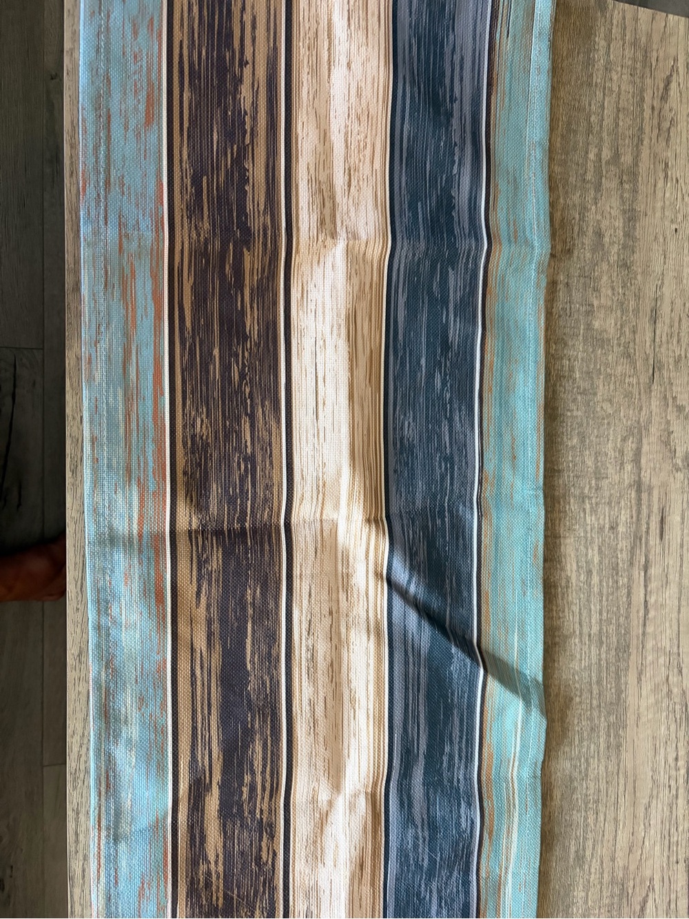Striped table runner in Aqua, Navy & Tan